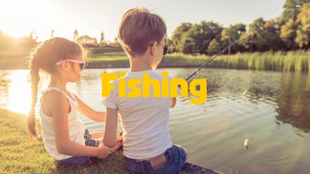 Two children fishing on a lake with the word " fishing " in front of them.