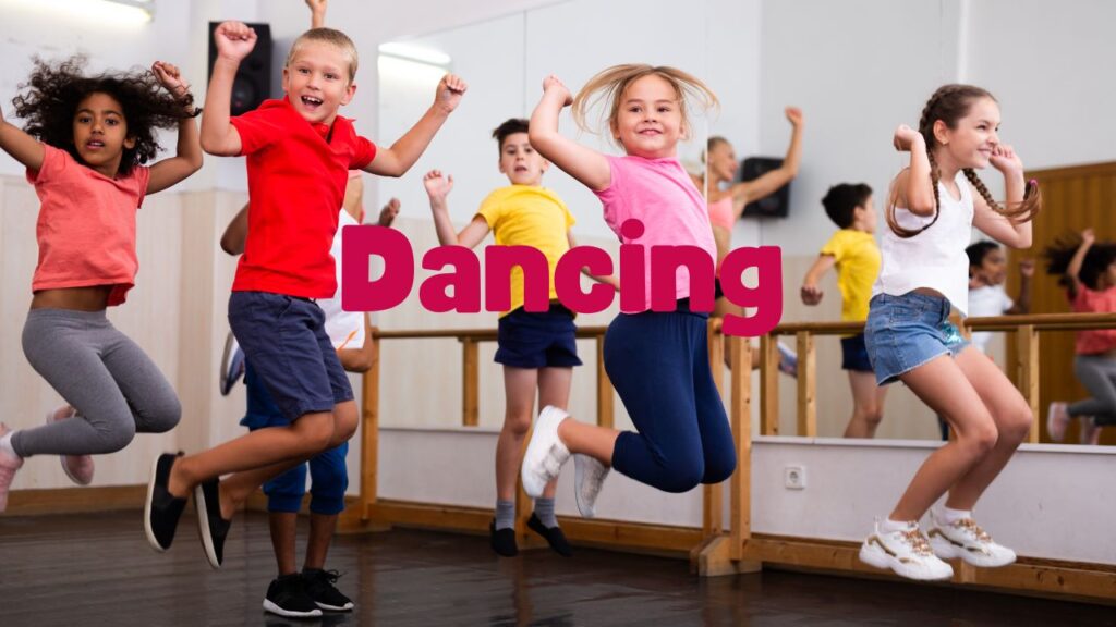 A group of kids dancing in the middle of a room.